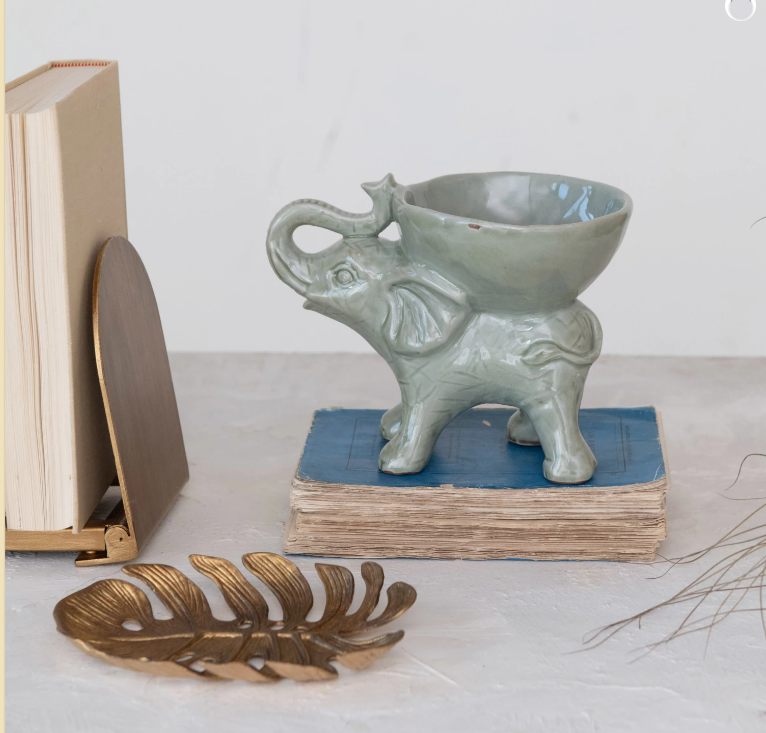 Stoneware Elephant w/ Bowl, Grey (Each One Will Vary)