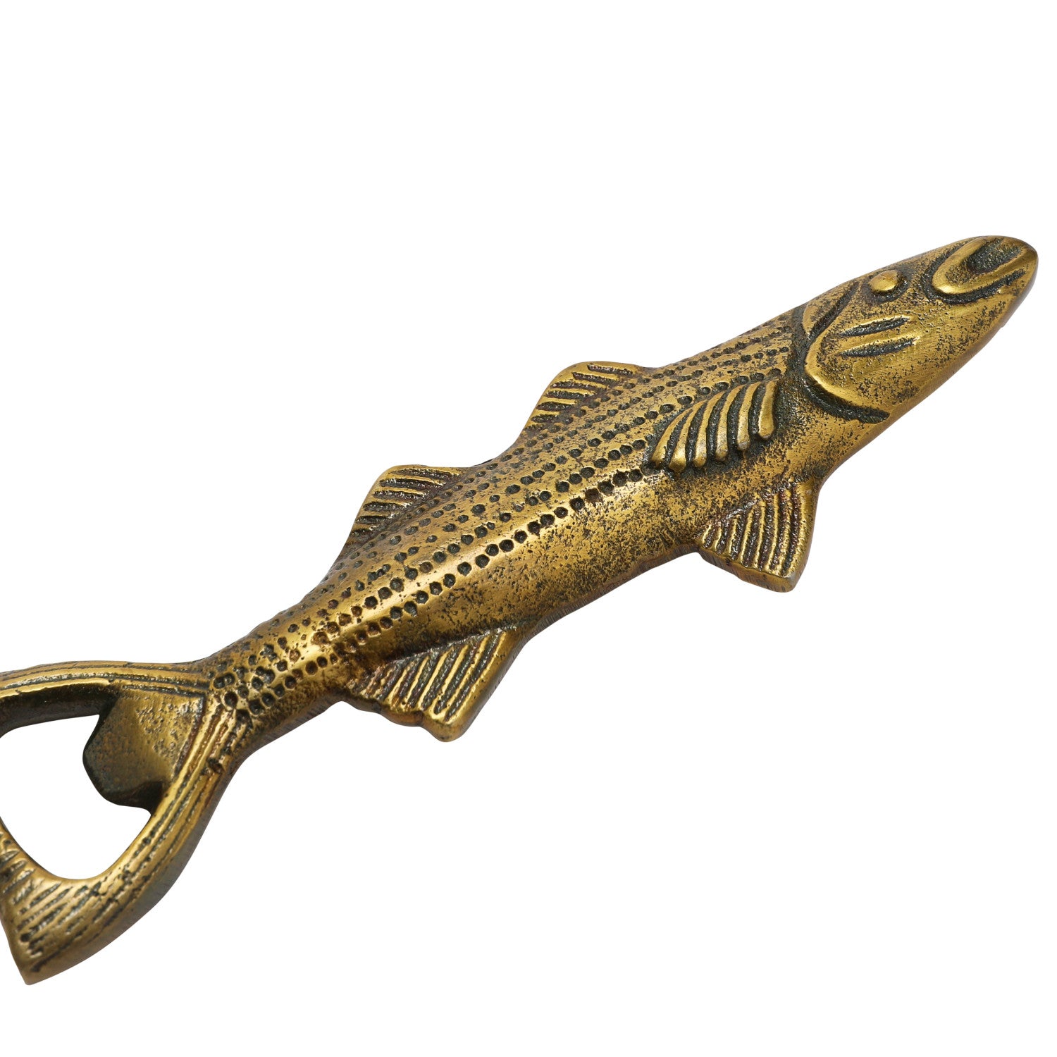 Cast Aluminum Fish Shaped Bottle Opener, Antique Gold Finish