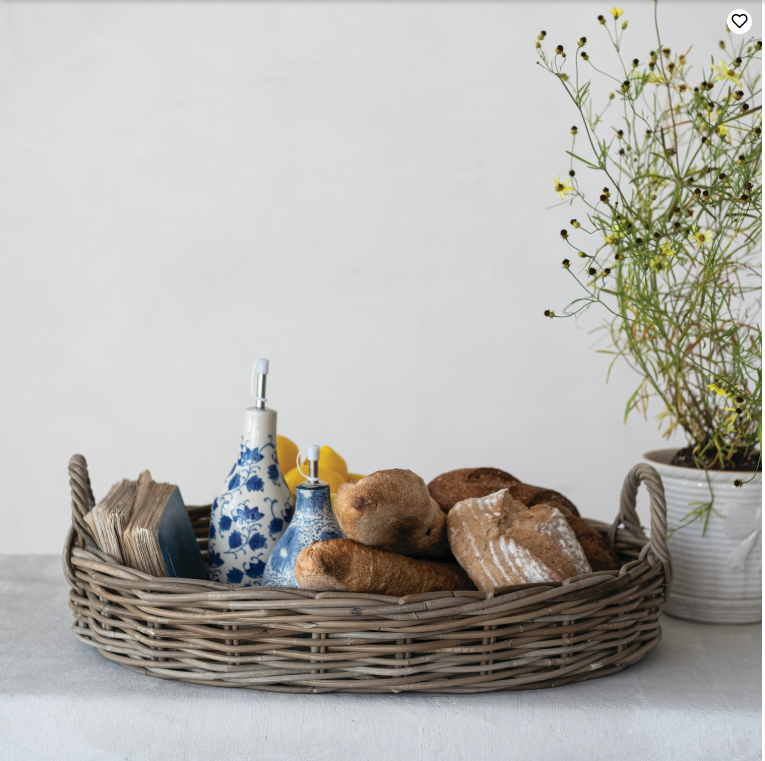 Hand-Woven Rattan Tray with Handles, Grey Washed