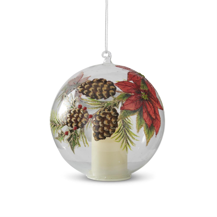 LED Clear Glass Poinsettia & Pinecone Ornament