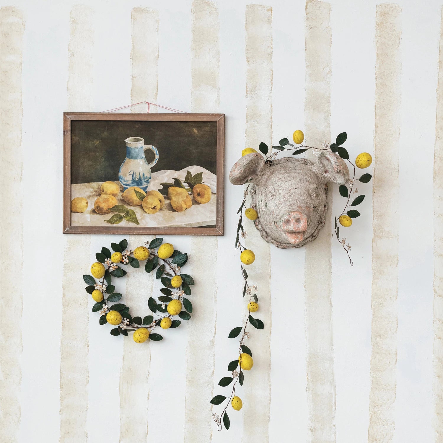Wood Framed Glass Wall Décor w/ Lemons & Pitcher