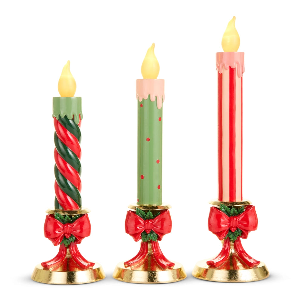 Lighted Candles on Gold Bow Base, Set of 3