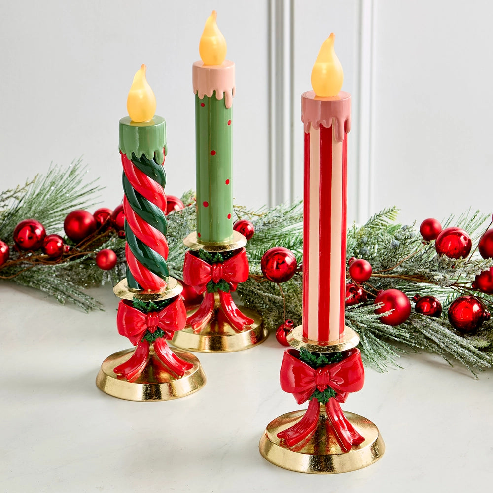 Lighted Candles on Gold Bow Base, Set of 3