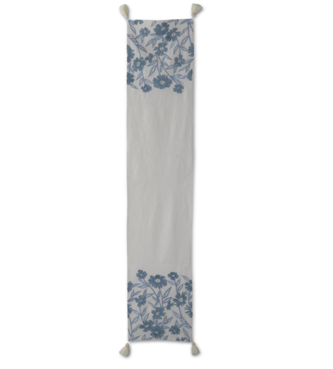 White Linen & Blue Embroidered Floral Table Runner