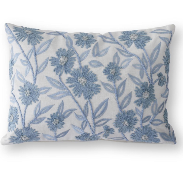 White Linen & Blue Embroidered Lumbar Floral Pillow
