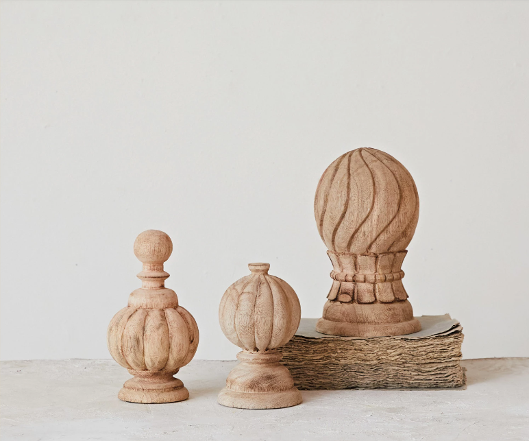 Hand-Carved Mango Wood Finials, Bleached, Set of 3