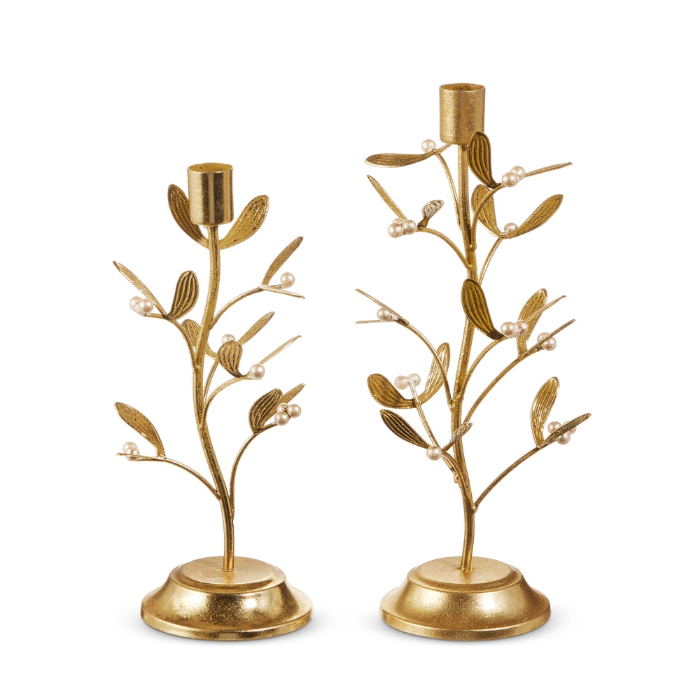 Gold Mistletoe Candlesticks, Set of 2