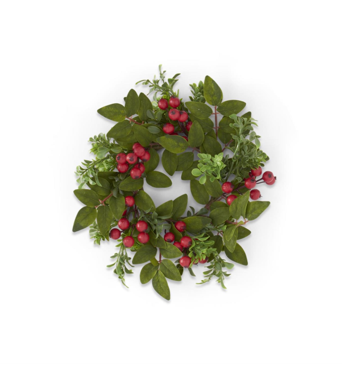 Mixed Boxwood and Red Berry Candle Ring