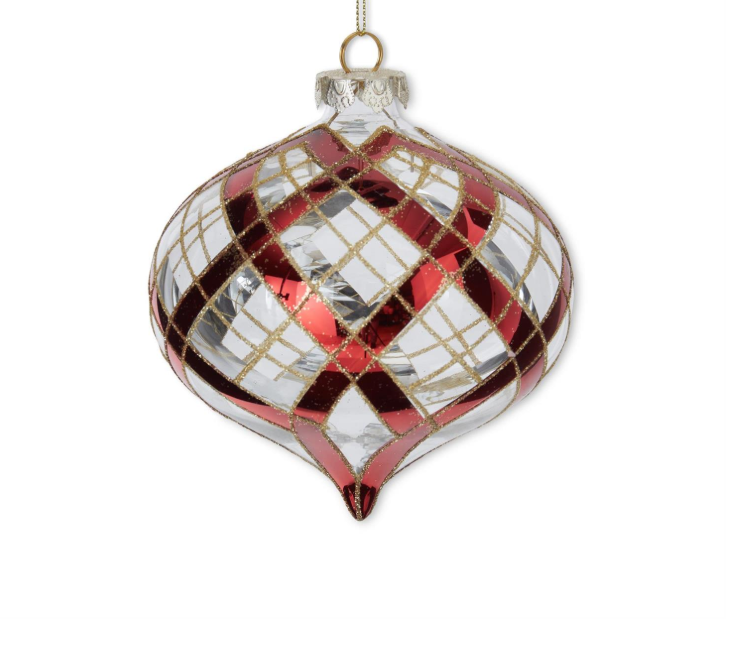 Clear Glass Onion Ornament w/Glittered Red & Gold Plaid