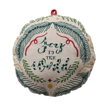 Ornament Shaped Pillow with Embroidery, Saying & Velvet Loop