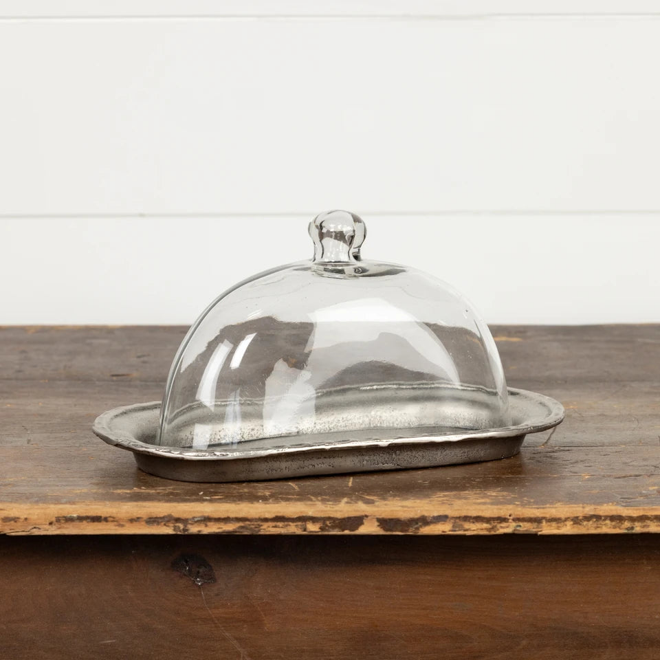 OVAL PEWTER PLATTER W/ GLASS CLOCHE