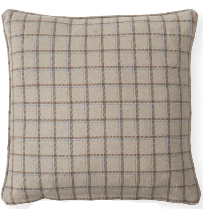 Beige Brown & Blue Tweed Plaid Pillow w/Piping
