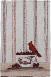 Cotton Waffle Weave Tea Towel with Bird on Dish & Pom Pom Trim, 4 Styles