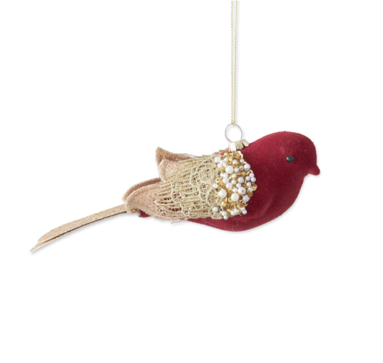 Burgundy Velvet Partridge w/Gold Wings Ornament