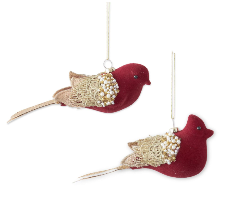 Burgundy Velvet Partridge w/Gold Wings Ornament
