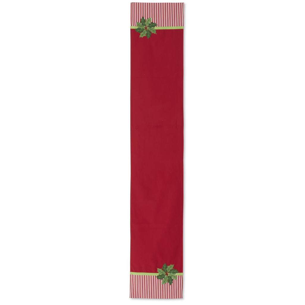 Red & White Striped Holly Embroidered Table Runner