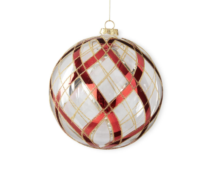 Clear Glass Ornament w/Glittered Red & Gold Plaid