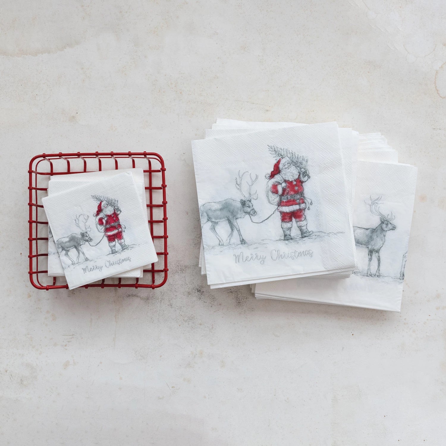 Paper Napkins w Santa Leading Reindeer, Red