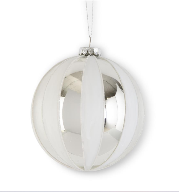 White & Silver Round Striped Glass Ornament