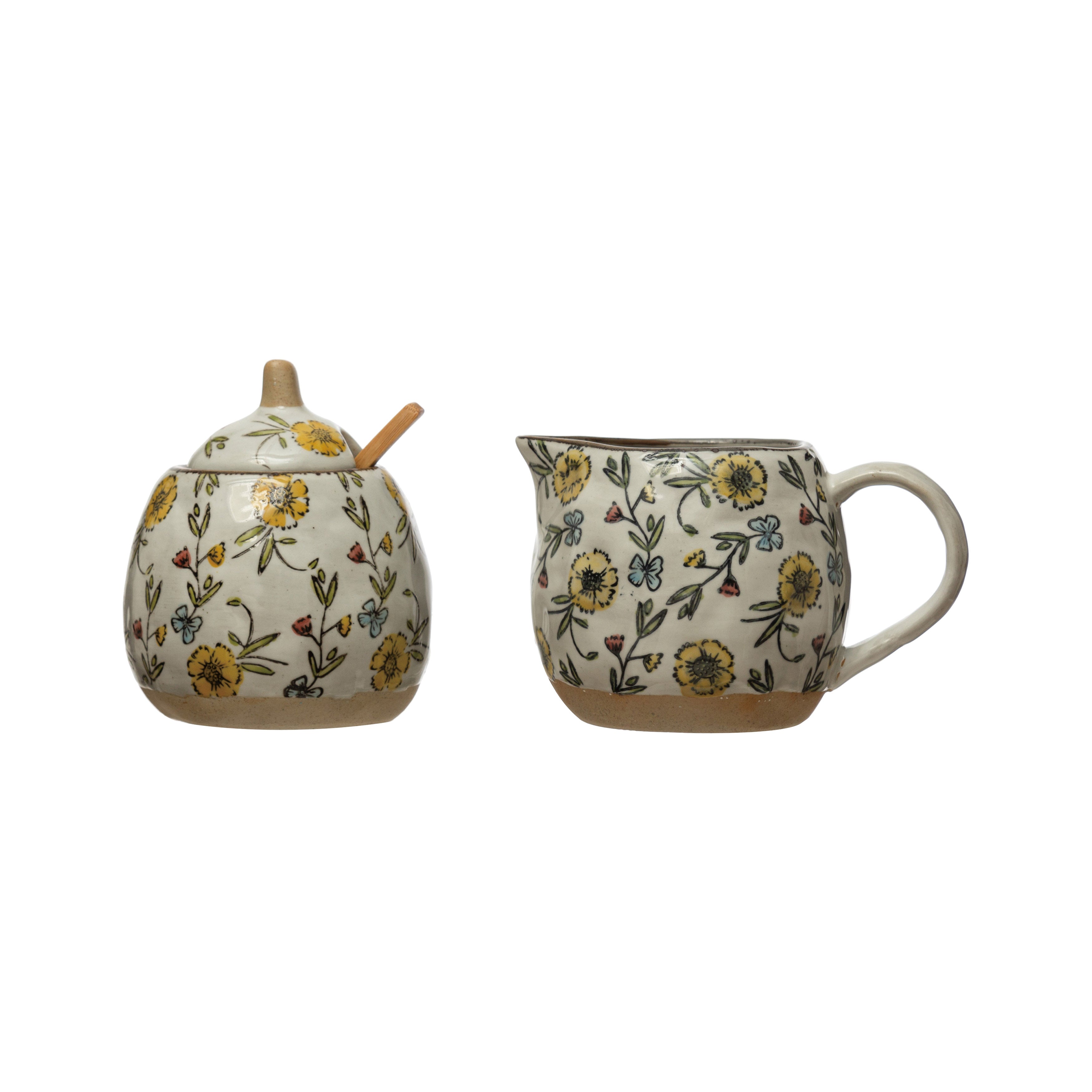 Hand-Painted Stoneware Sugar Pot and Creamer, Set of 2