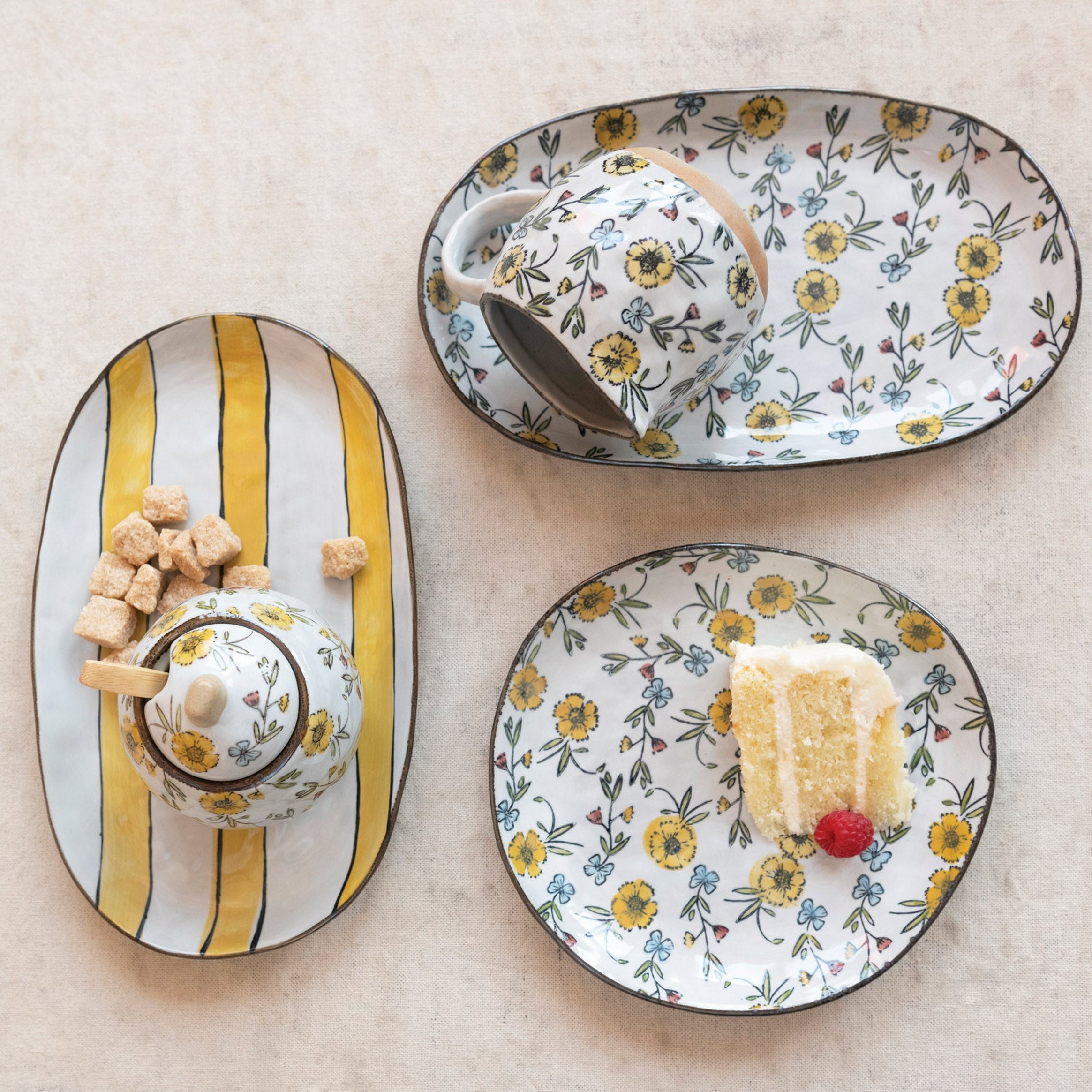 Hand-Painted Stoneware Sugar Pot and Creamer, Set of 2