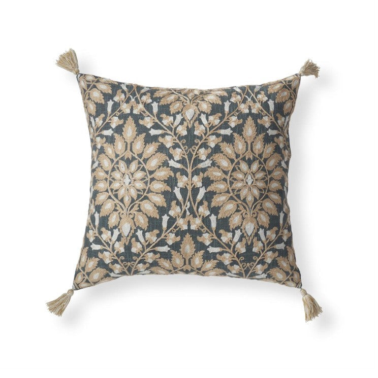 Handcrafted Blue & Taupe Embroidered Floral Square Pillow w/Tassle