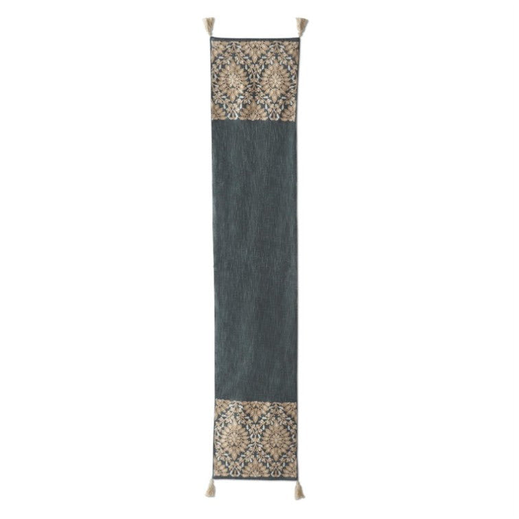 Blue & Taupe Embroidered Floral Table Runner