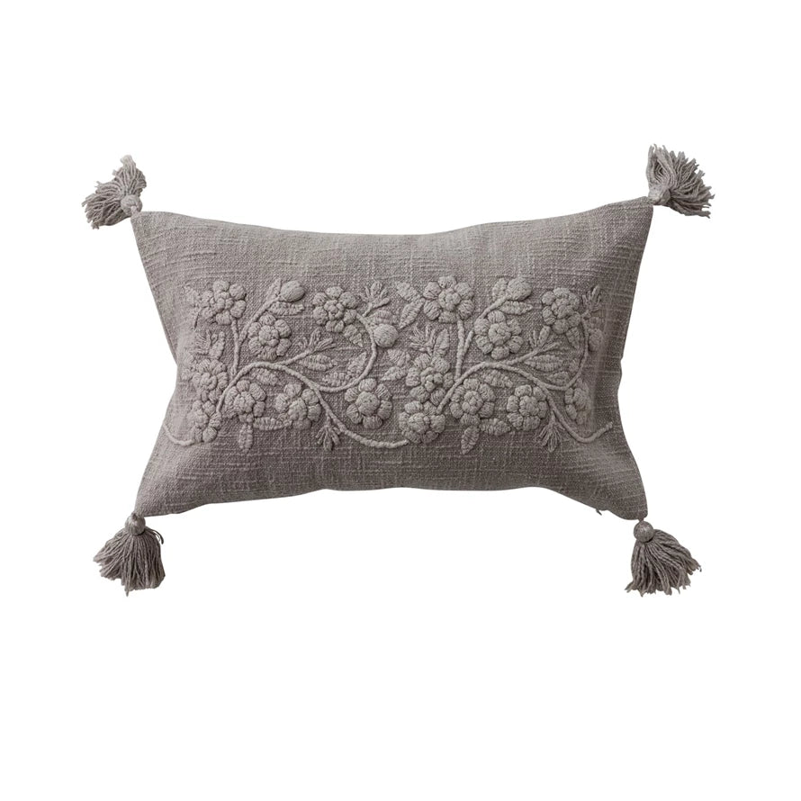 Stonewashed Cotton Slub Lumbar Pillow with Embroidered Flowers & Tassels, Taupe