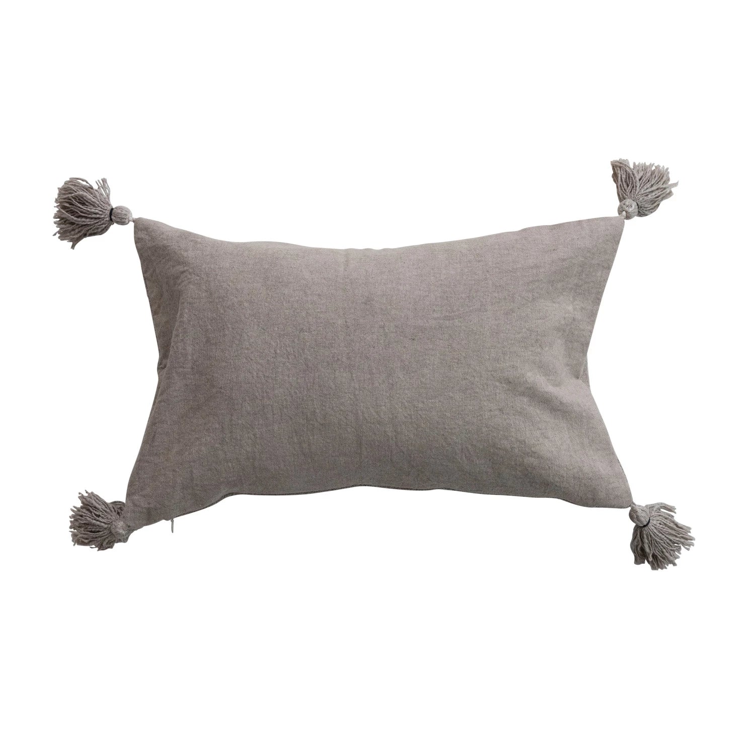 Stonewashed Cotton Slub Lumbar Pillow with Embroidered Flowers & Tassels, Taupe
