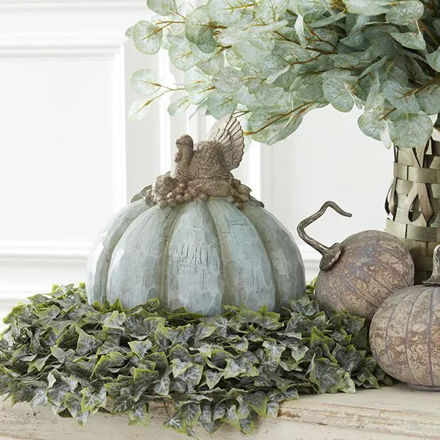 GREEN CARVED RESIN PUMPKIN CONTAINER W/GOLD TURKEY TOP