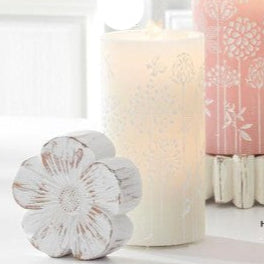 White Flower Embossed LED Wax Pillar Water Candle w/Timer