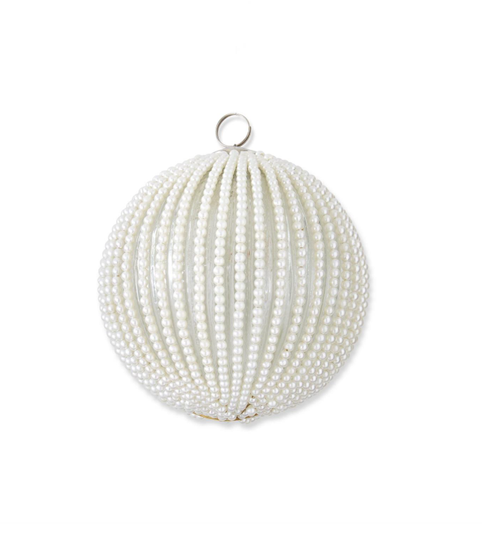 Round Clear Glass Ornament w/Wired White Beaded Stripes