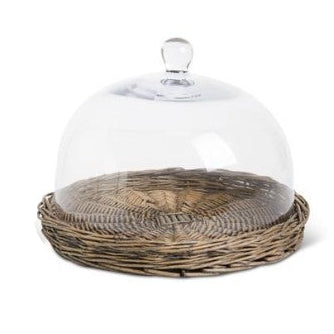 Glass Cloches w/Woven Wicker Tray