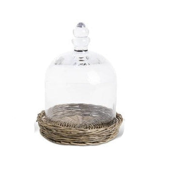 Glass Cloches w/Woven Wicker Tray