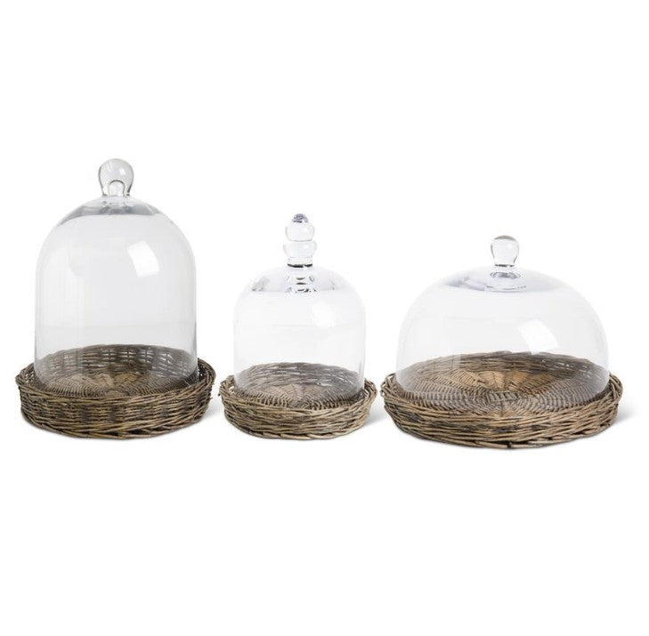 Glass Cloches w/Woven Wicker Tray