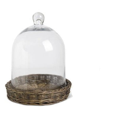 Glass Cloches w/Woven Wicker Tray