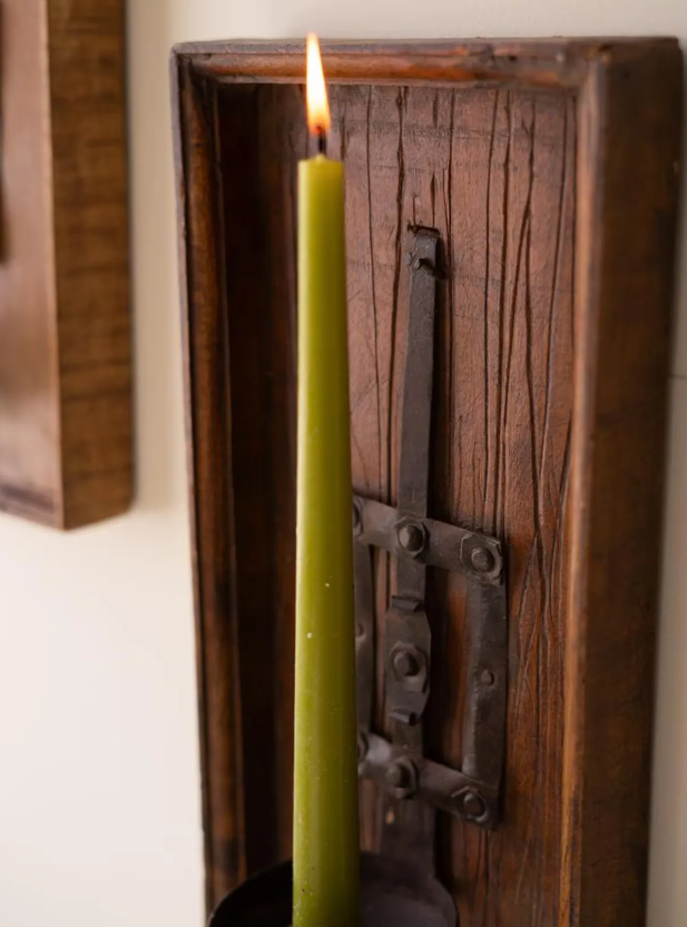 WOODEN WALL SCONCE WITH REPURPOSED IRON SPOON