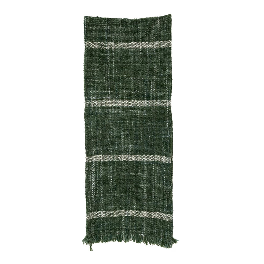 Woven Wool Blend Table Runner w/ Stripes & Fringe, Green