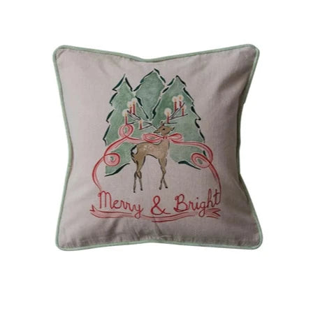 Cotton Chambray Printed Pillow, Merry & Bright