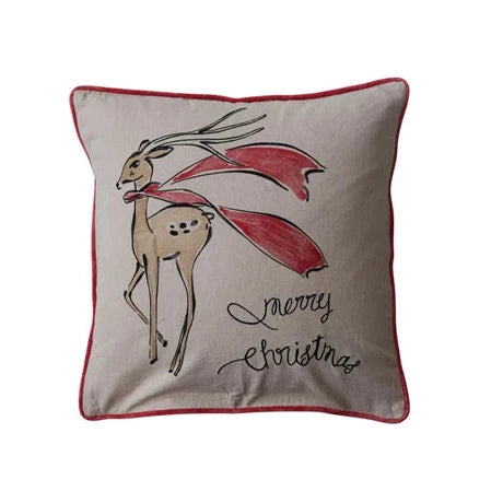 Cotton Chambray Printed Pillow, Reindeer