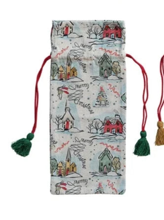 Cotton Chambray Printed Drawstring Wine Bag, Winter scene