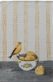 Cotton Waffle Weave Tea Towel with Bird on Dish & Pom Pom Trim, 4 Styles
