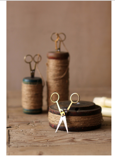 Set of 3 Recycled Wooden Spools with Jute twine and Scissors