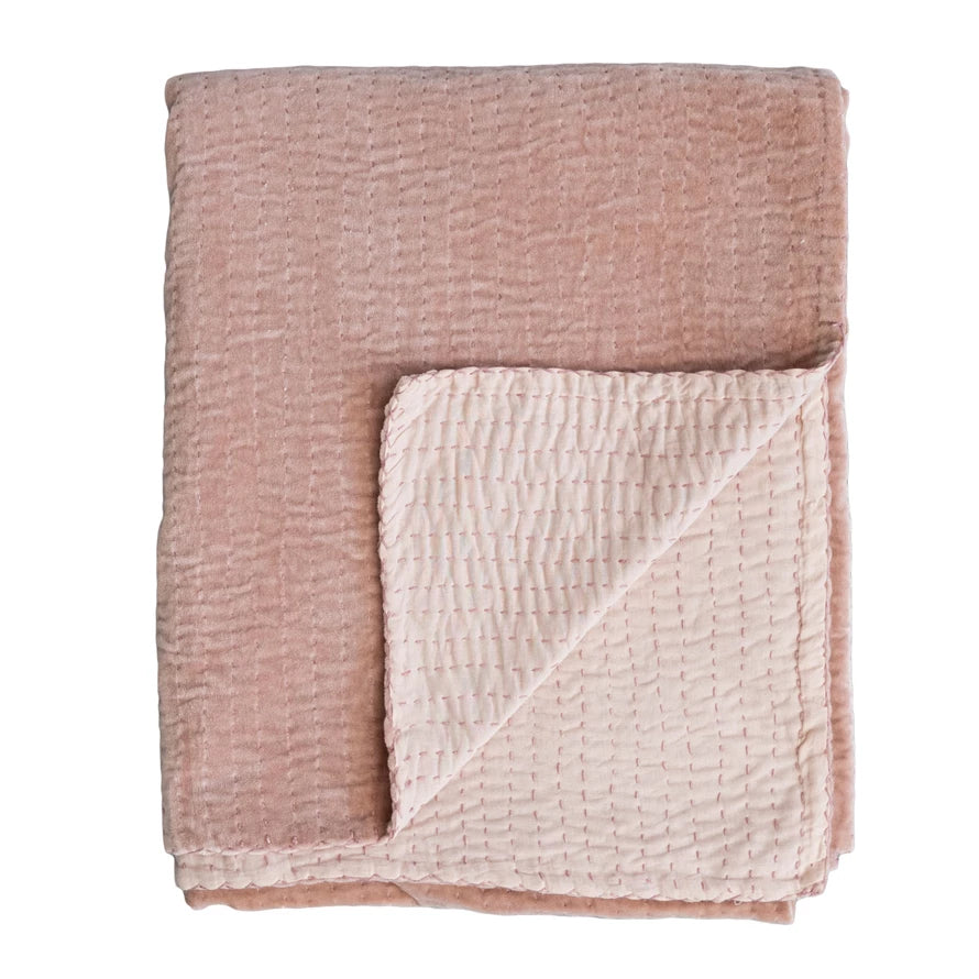 Cotton Velvet Throw w/ Kantha Stitch, Blush Color