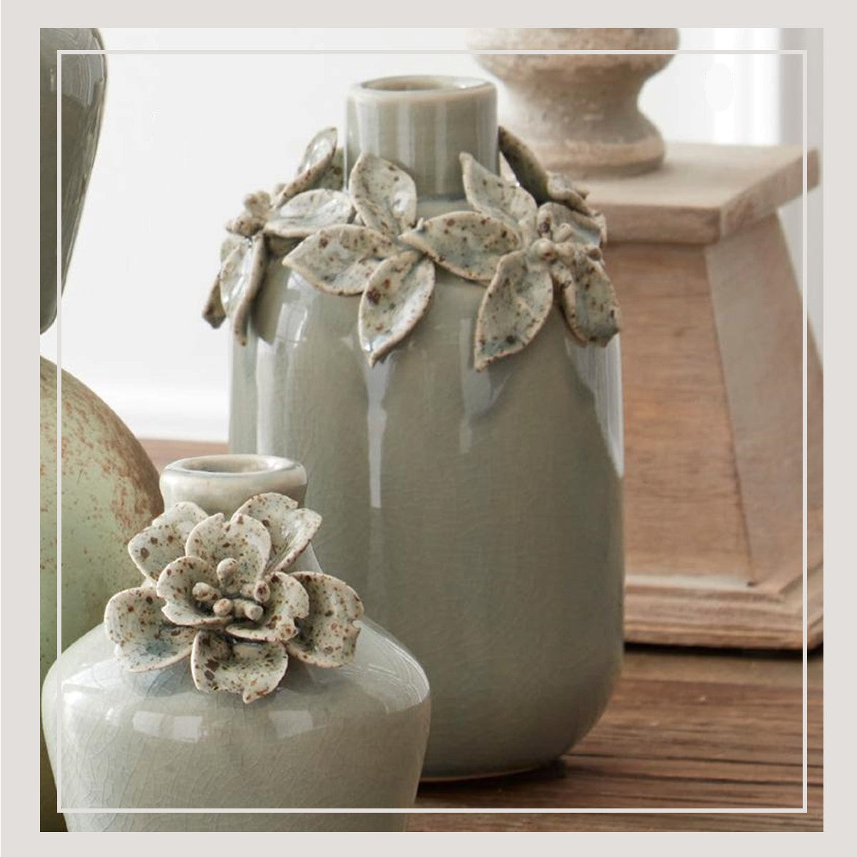 Light Blue Ceramic Vase w/Raised Flowers (large)