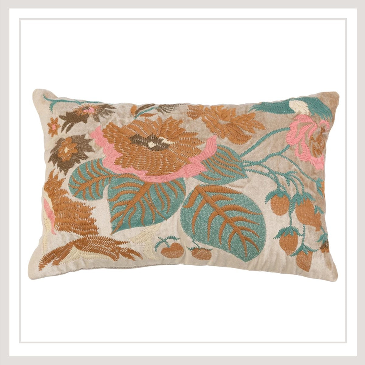 Cotton Velvet Lumbar Pillow w/ Floral Embroidery & Chambray Back