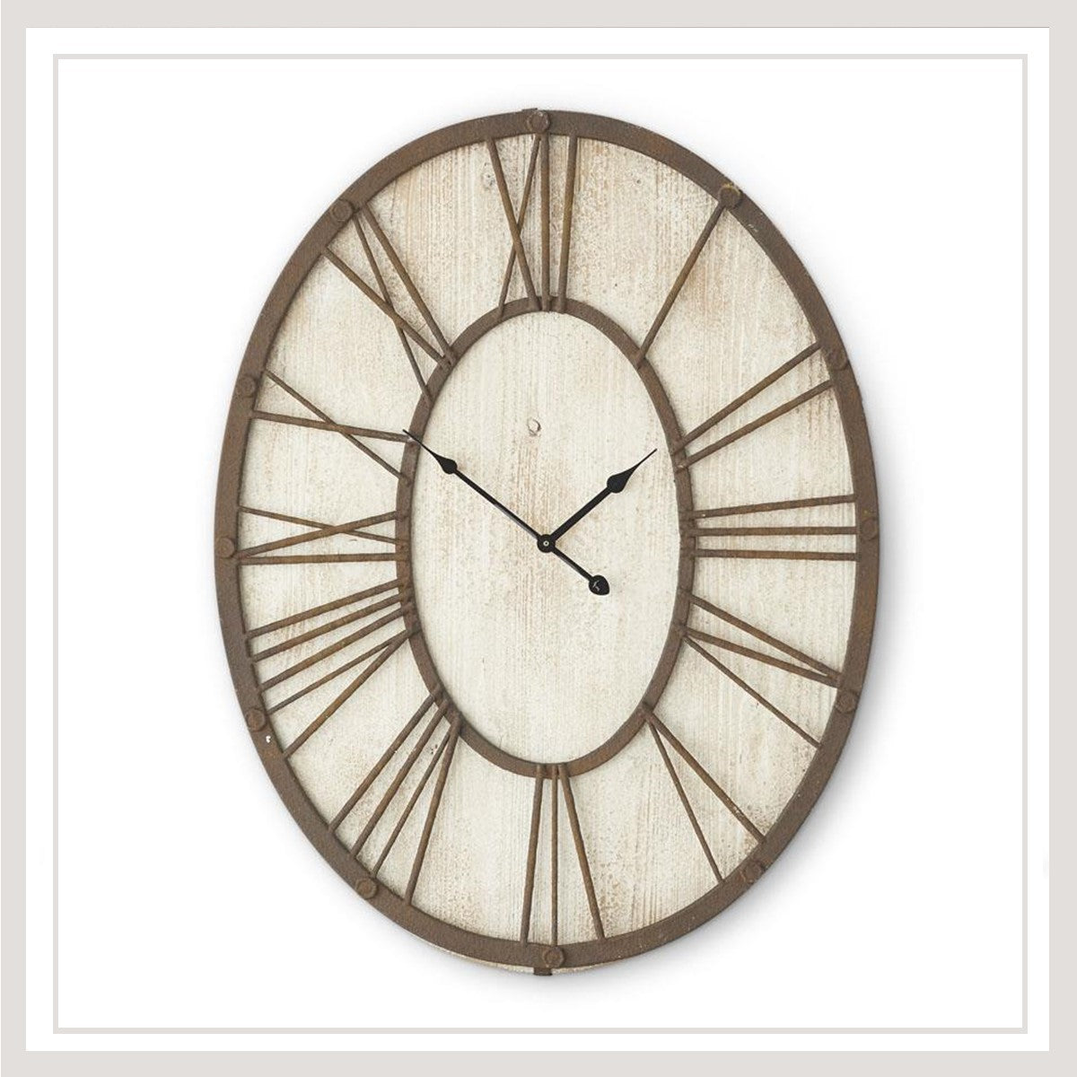 Whitewashed Wood Oval Wall Clock w/Rusty Metal Roman Numerals