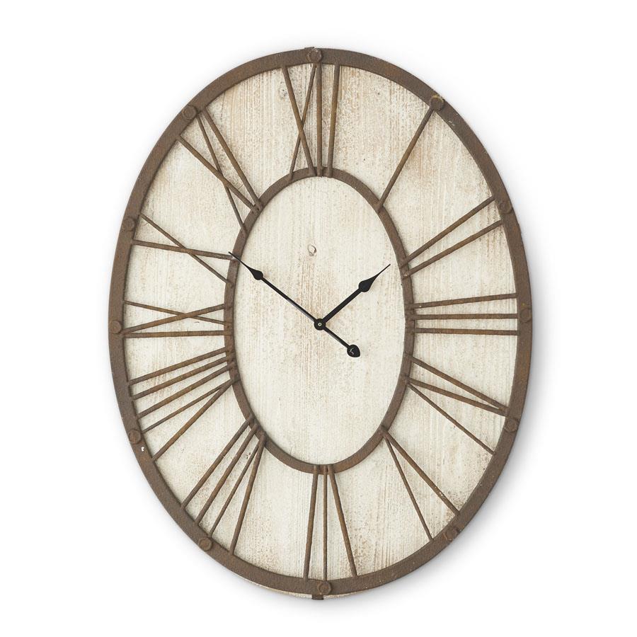 Whitewashed Wood Oval Wall Clock w/Rusty Metal Roman Numerals