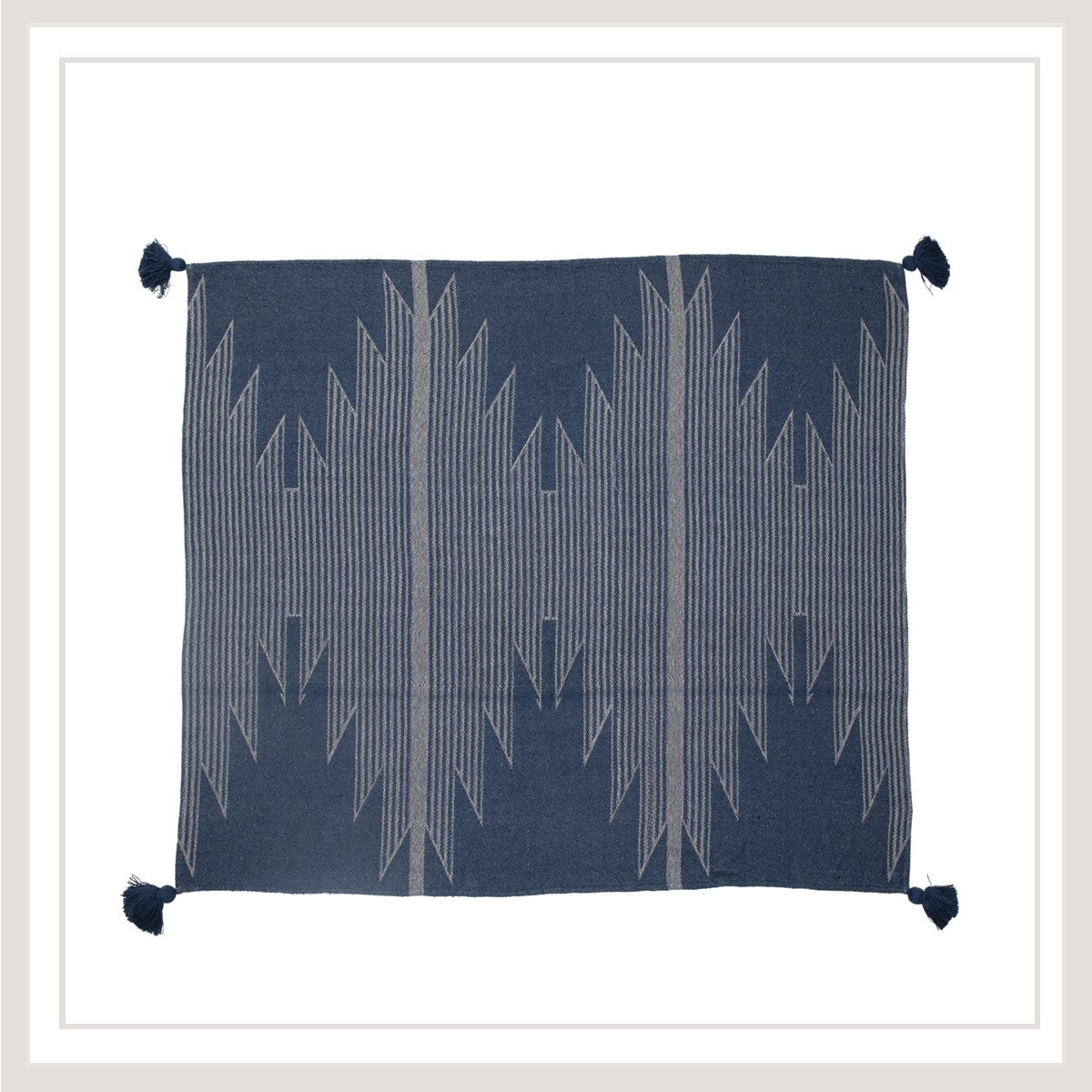 Woven Throw with Aztec Pattern and Tassels, Blue